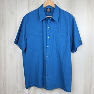 SCOTTeVest Men’s SeV Short Sleeve Snap Camp Utility Shirt Hidden Pockets Blue L